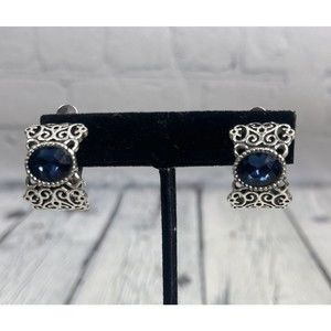 Vintage Earrings Silver Plated Clip On Art Sapphire